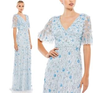 Mac Duggal Blue Embellished V-Neck Empire Waist Ruffle Hem Gown $998 - Size 4
